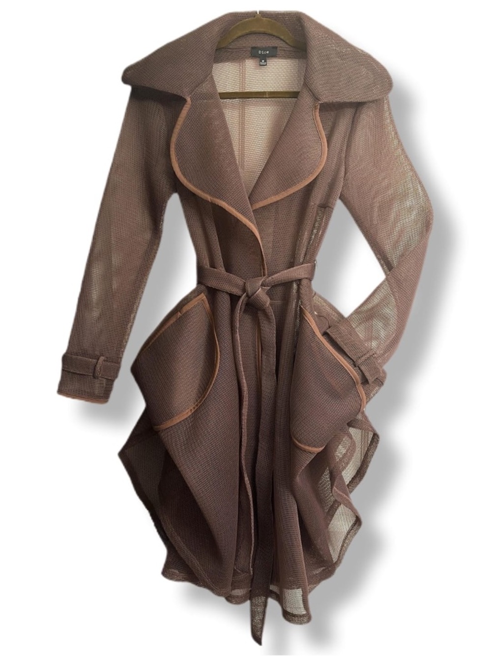 Brown Mesh Trench Coat – Belted Open Front Stretch | Women's Size: Medium - Picture 3 of 16